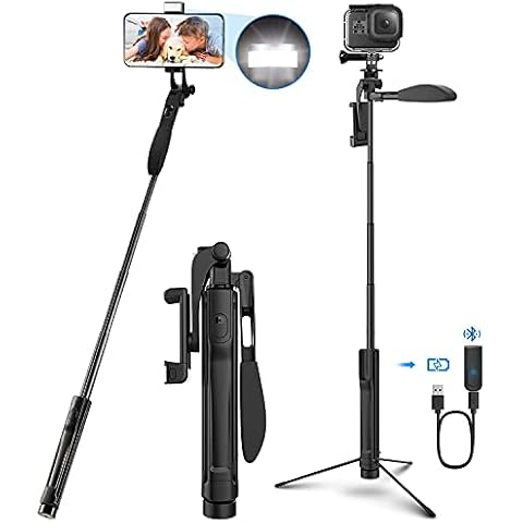 Selfie Stick Tripod, Bluetooth Selfie Stick 4-IN-1 Selfie Stick with 360 ° Rotatable Video Balance Handle Remote Control LED Light Aluminum Alloy Selfie stick for Smart Phones(4-6.8 inches) Cover