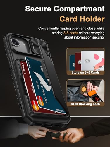 Image of Vihibii for iPhone 16e Back Cover Wallet with Card Holder (4 Cards) [RFID Blocking] & Slide Camera Cover, Military Grade Drop Protection, Rugged Back & Silicone Edge Case for 16e 2025 6.1 inch, Black