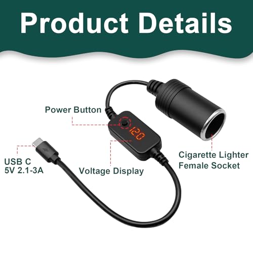 Adapter USB C na zapalniczkę, kabel USB C męski do zapalniczki samochodowej 12 V z wyświetlaczem LED i przełącznikiem, regulowane napięcie 5V, 9V, 12 V, 15 V, 20 V, do GPS, kamery, ładowarki