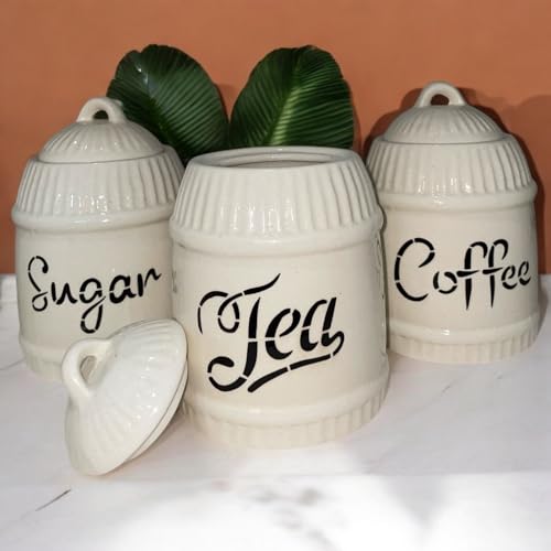 Image of Ceramic Tea Coffee Sugar Container Set of 3 for Kitchen Storage (500 ML Each)| Ceramic Kitchen Canisters with Lid |Storage Jars for Tea Coffee Sugar | Airtight Pickle /Barni Jar with Lid, White & Beige