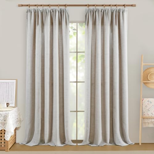 Softalker Gardinen Weiss Halbtransparent Leinen Vorhang mit Kräuselband modern Gardinenschals für Schienensystem/Gardinenstange Fertiggardinen für Schlafzimmer Kinderzimmer,240 cm Hoch,2er Set,Natur