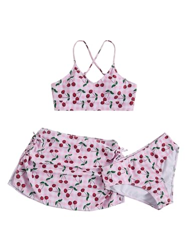 Image of Floerns Girl's 3 Piece Swimsuit Cherry Print Cute Bikini Set with Cover Up Skirt