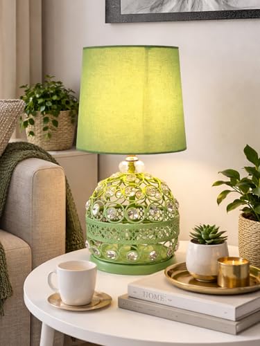 Image of Modern Small Crystal Table Lamp,Contemporary Bedroom Bedside Nightstand Lamp,Morden Minimalist, Desk Globe Lamp for Living Room Girls Kids Room, White Fabric Shade (Green)