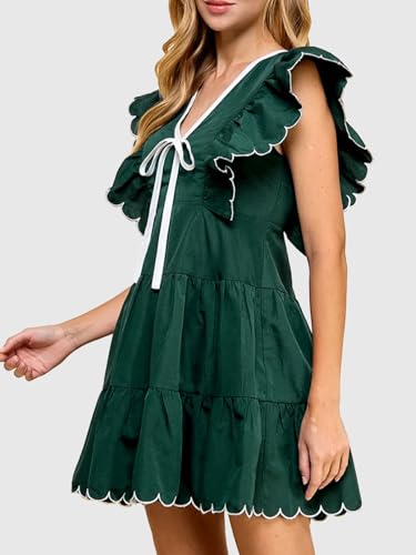 Ruffle Sleeve Tiered Babydoll Mini Dress for Women with Bow Tie Front, Scalloped Edge Contrast Trim Flowy Dress2