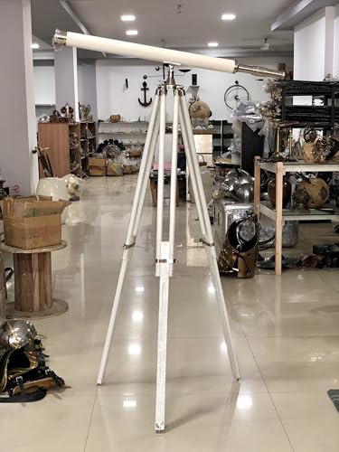 Telescopio decorativo de pie cromado con tripode de cuero blanco 60" miniatura 2