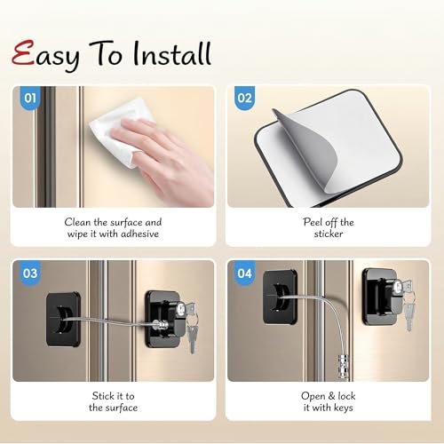 Image of Child Safety Device Refrigerator Door Lock with Key and Adhesives, Cabinet Restrictor Cable for Baby and Toddler, Lock for Cupboards, Drawers, Fridge, Wardrobe, Black, Pack of 1