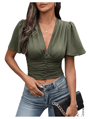 SHENHE Women's Sexy Ruffle Flutter Short Sleeve Deep V Smocked Button Front Dressy Crop Top Blouse3