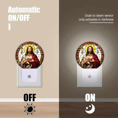 Image of Round LED Night Lights Lamp with Dusk to Dawn Sensor, Jesus Christ with Sacred Heart in Hands Night Light Plug Into Wall for Kids Room, Bedroom, Bathroom, Kitchen, Hallway