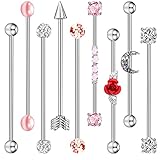 14G 9PCS Industrial Barbell Stud Earring, Stainless Steel Cartilage Body Piercing Jewelry/ Rose/...