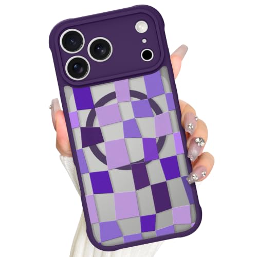 Coque iPhone 17 Pro Max MagSafe violette avec motif damier chic et antichoc