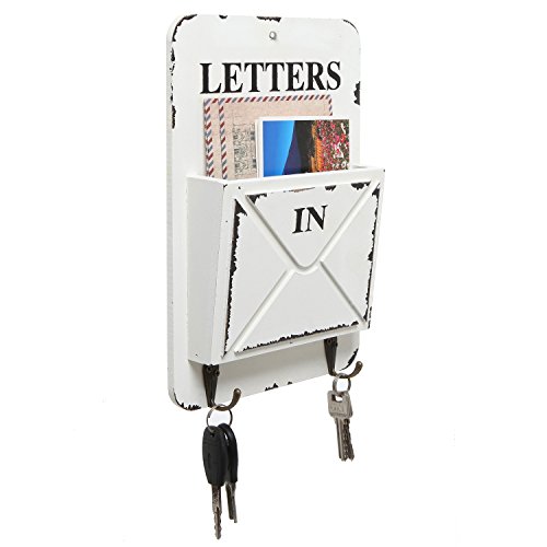 Mygift Country Rustic White Wood Wall Mounted Mail And Key Holder Organizer With 2 Hooks, Hanging Entryway Inbound Letter Sorter Bin #TOP11