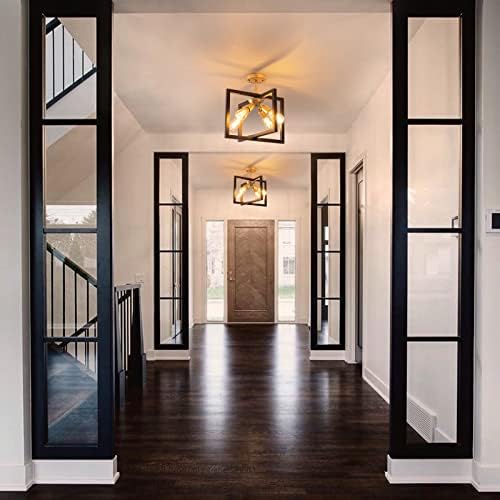 Farmhouse Industrial Ceiling Light Fixtures, 4-Light Vintage Modern Rectangle Black Gold Flush Mount Light Fixture with Rotatable Metal Square Frame for Kitchen Hallway Entryway Foyer Living Bedroom