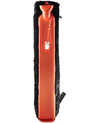 Peterpan Long Hot Water Bottle with Soft Fur Zipper Cover, Hot Water Bottles for Pain Relief, PVC, BPA & Phthalates Free, 2nd Gen Lanyard Cap, Original, Black