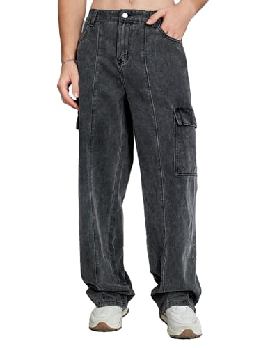 Image of KOTTY Men's Loose Fit Cargo Denim Jeans - Vintage Washed Utility Jeans with Side Pockets