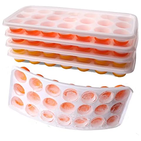Select4U Ice Cube Trays with Lids BPA Free, 4Pack Easy Release Silicone Ice Cube Trays for Freezer 84 Sphere Ice Tray with Stackable No Spill Covers, Dishwasher Safe,Orange&Yellow Cover