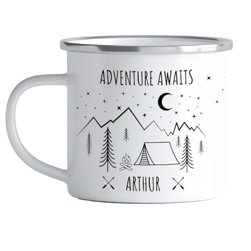 Pomchick - Campervan Enamel Camping Mug | Personalised Nature Camp Mug with Tent and Mountains His and Hers Couple Travel Present Accessories Camping