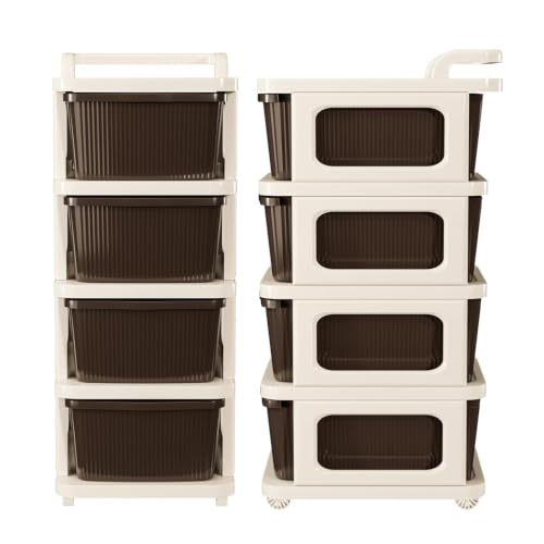 Image of Heavy Duty Plastic Storage Drawer with Wheels | Modular Cabinet for Bedroom, Office, Home or Classroom| Chest of Drawers Organiser for Cosmetics, Kitchen items, Toys (Brown, 4)