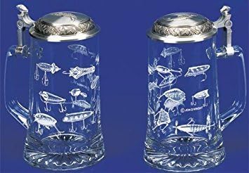 Fishing Lures, German Glass Beer Stein w/ an Authentic Antique and Modern Fishing Lures, Leaping Fish Embossed Pewter Lid, Jon Q Wright Design