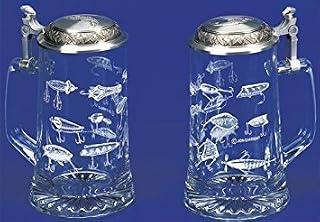 Fishing Lures, German Glass Beer Stein w/ an Authentic Antique & Modern Fishing Lures, Leaping Fish Embossed Pewter Lid, Made in Germany, Jon Q Wright Design