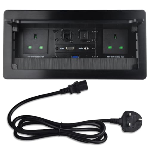 Image of Conference Table Power hub with 2 AC Power+1 HDMI+1 RJ45+1 USB3.0 +1 USB-C (port line0.26) +1 3.5mm Audio with 5.58ft Power Cord,Tabletop Multimedia Connectivity Box for Conference Room (black)