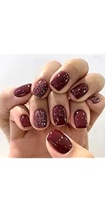 Short Square Press on Nails Winter Nails Press ons with Glitter Sequins Design False Nails Burgun...