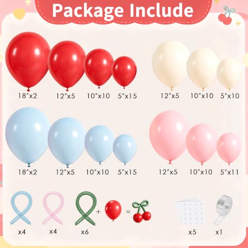 Image of Cherry Balloon Arch Kit, Red Blue Pink White Green Bow Light Mist Balloons