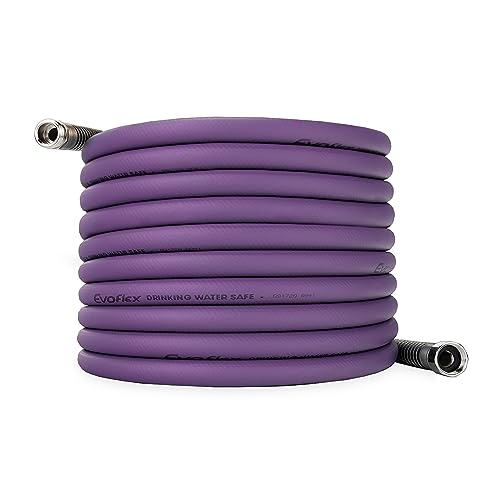 Camco EvoFlex 50-Ft Water Hose - RV Drinking Water Hose Contains No Lead, No BPA & No Phthalate - Flexible Design w/Stainless Steel Strain Relief Ends - 5/8” Inside Diameter, Purple (22586)