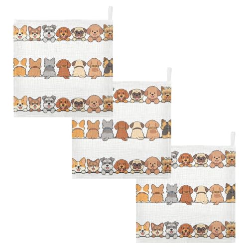 Image of Dog Faces Baby Muslin Washcloths Cute Burp Cloths Soft Absorbent Baby Wash Cloth Fingertip Face Towels for Newborn Boys Girls 12 x 12 in, 5 Pack