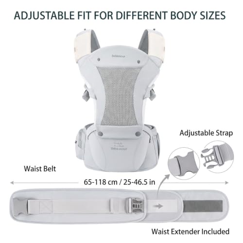 Miniatura 5 de Bebamour Mochila Portabebés Para Recién Nacidos Y Niños Pequeños, Asiento Para La Cadera De 0 A 36 Meses Con Capucha, 3 Protectores Para Mordeduras, Extensión Para La Cadera,Tejido De Malla Dorado