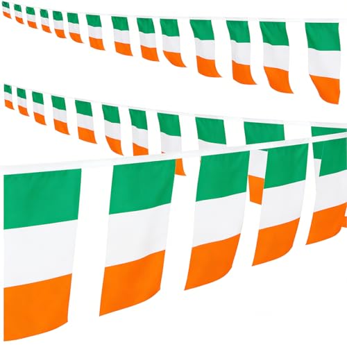 Ireland Flag Bunting 12m - 30 Irish Tricolour Flags 14x21cm - Green White & Orange Polyester Bunting for St Patrick's Day & Pub Decor