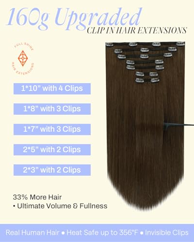 Image of Full Shine Thick Human Hair Clip in Extensions, Medium Brown | Clip in Hair Extensions, 18 Inch 160g 7Pcs, Thick Real Human Hair, Straight Texture, Everyday Styling, Medium Hair