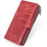 REETEE Carteras de Mujer Grande Cuero PU Monedero Muje Carteras Bloqueo RFID Largo Billetera 2 Grand Bolsillo con Cremallera para Monedas con 23 Ranuras Tarjetas (Rojo)