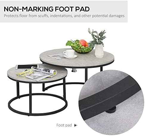 HOMCOM 2 Pcs Stacking Coffee Table Set w/Steel Frame Marble-Effect Top Foot Pads Home Office Style Storage Display