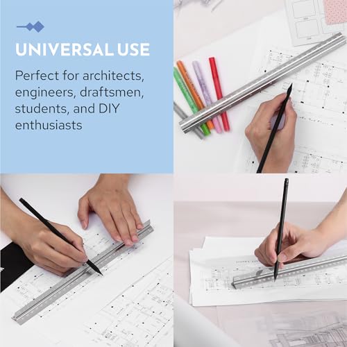 Wintex Dreikantmaßstab Silber - Hochwertiges Aluminium Lineal 30 cm - Präzise Messungen dank Laser-Cut - Rutschfestes Metalllineal - Maßstab Lineal - Mit Aufbewahrungstasche