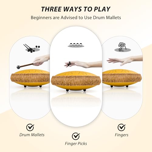 Image of Steel Tongue Drum, 13 Inch 15 Notes Tongue Drums, C Major 440 Hz Drum Percussion Instruments, Handpan Drums with Music Book, Drum Mallets and Carry Bag (Yellow)