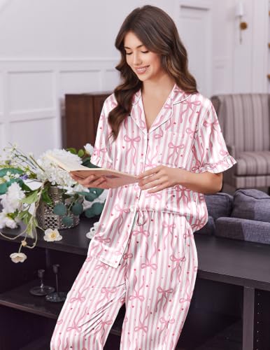 Image of Ekouaer Silk Satin Pajamas for Women Set 2 Piece Short Sleeve Button Up Pjs