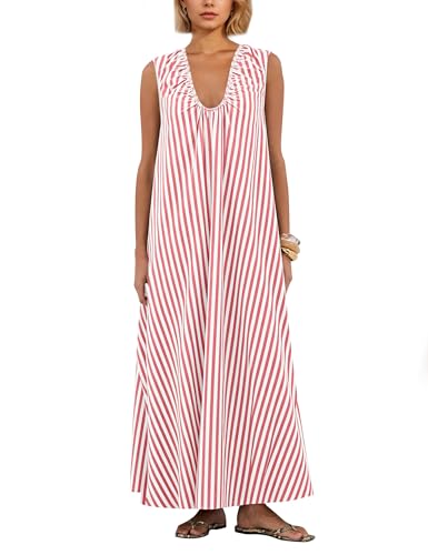 Image of Livtany Women's Scoop Neck Ruched Maxi Dress Flowy Swing Wide Straps Long Dress Casual Sleeveless Sundress with Side Pockets