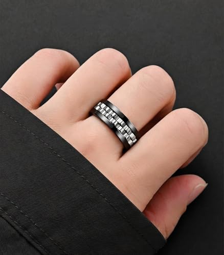 King Ring 8mm Gear Spinner Ring – Men & Women Stainless Steel Fidget Ring – Black Silver 9