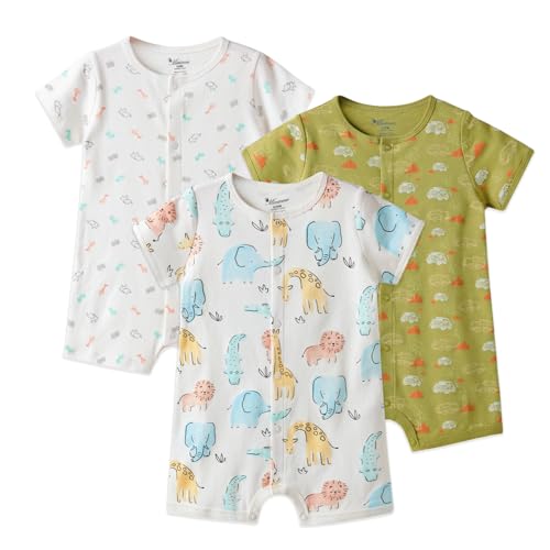 Image of Minicoco 3-Pack 100% Cotton Baby Boy Rompers,0-24Months Short Sleeve Toddler Romper,Breathable Spring/Summer Clothes