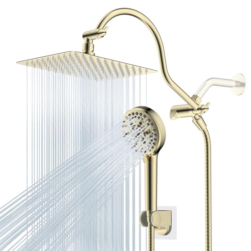 Hibbent All Metal CUPC Certified Shower Head, 10'' High Pressure Rainfall Shower Head, Handheld Showerhead Combo, 12'' Adjustable Extension Arm, 10 Sprays, 71'' Hose, Shower Holder, Polished Brass