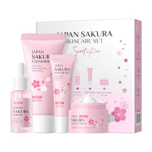 LAIKOU Skin Care Set, Facial Skin Care Products, Skin Care Kit with Sakura Serum, Cleanser, Eye Cream, Essence Cream 4pcs for Women Teen Girls Mom Daughter Lover Mother's Day Birthday Christmas