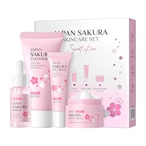 LAIKOU Skin Care Set, Facial Skin Care Products, Skin Care Kit with Sakura Serum, Cleanser, Eye Cream, Essence Cream 4pcs for Women Teen Girls Mom Daughter Lover Mother’s Day Birthday Christmas