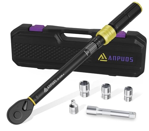 ANPUDS 1/2 Zoll 20-220NM Drehmomentschlüssel, 6-tlg. Set Drehmomentschlüssel mit 125mm Verlängerungsstange, 1/2-3/8 Adapter, 17mm/19mm/21mm Stecknüsse für Auto, Motorrad, LKW, NKW Reifen Reparatur