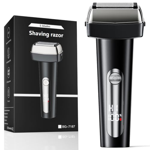 Electric Foil Shaver for Men - 5 Floating Blades Rechargeable Beard Razor with LED Display, Waterproof Electric Beard Trimmer for Wet & Dry Use