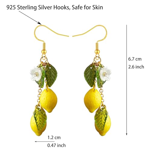 Lemon Earrings for Women, Strawberry Earrings for Women, 925 Sterling Silver Hypoallergenic Dangling Cute Fun 3D Acrylic Leaf Flower Raspberry Banana Fruit Food Drop Dangle Jewelry Accessories3