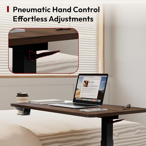 SANODESK Medical Adjustable Overbed Bedside Table with Hidden Casters, Pneumatic Mobile Laptop Computer Standing Desk Cart with Tray, Hospital and Home Use(31.5" W x 17.7" D, Walnut) - Thumbnail 7