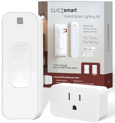 ClicSmart Rocker Smart Home Lighting Automation Starter Kit for Rocker Style Wall Switches Includes One WiFi Outlet Smart Plug and One Magnetic Bluetooth Rocker Switch Controller Free ClicSmart App