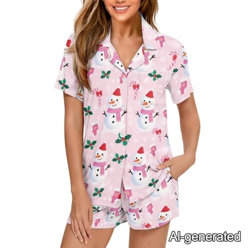 Image of Renewold Women's Short Sleeve Pajama Set Button Down Sleepwear with Notch Collar Soft Lounge Top and Shorts with Pockets