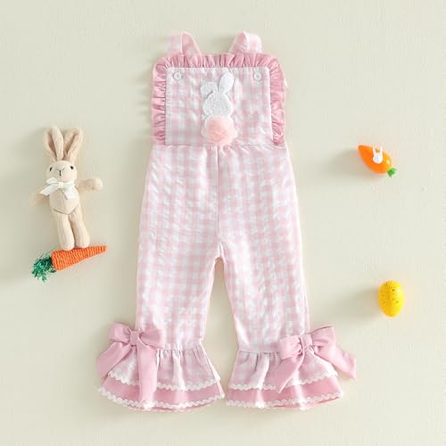 YINGISFITM Toddler Baby Girl Easter Outfit Bunny Overalls Ruffle Bell-Bottom Plaid One Piece Romper Jumpsuit Cute Clothes (Bunny Pink, 12-18 Months) - Thumbnail 5