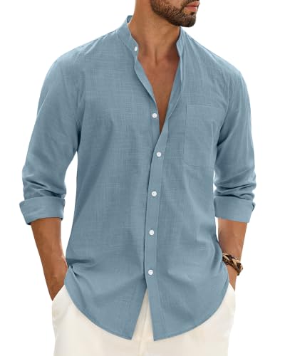 Alimens & Gentle Men's Cotton Linen Shirts Long Sleeve Button Down Shirt Band Collar Beach Shirts
